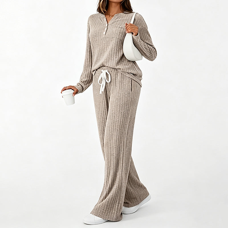 Women's Ribbed Henley Top & Wide-Leg Pants Set