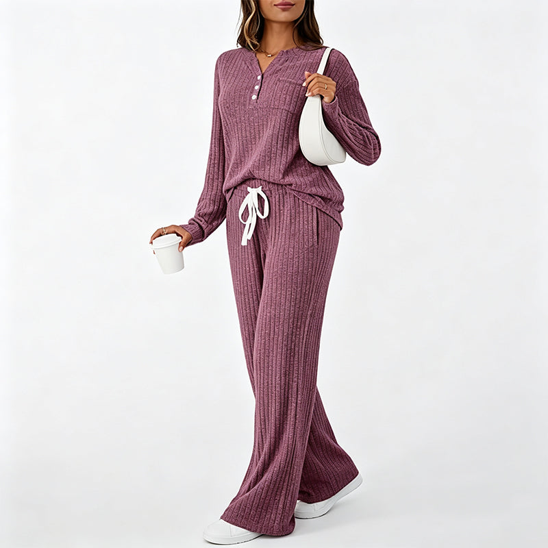 Women's Ribbed Henley Top & Wide-Leg Pants Set