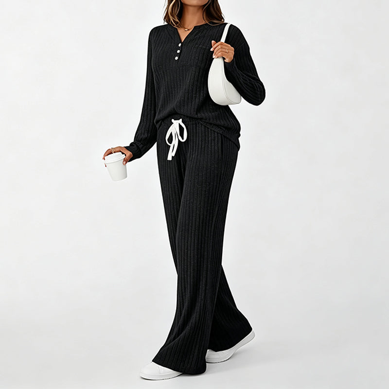 Women's Ribbed Henley Top & Wide-Leg Pants Set