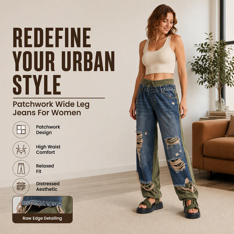 Women's Double-Layer Ripped Wide-Leg Jeans