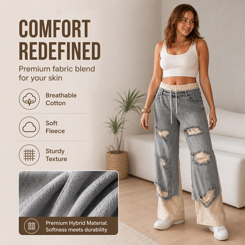 Women's Double-Layer Ripped Wide-Leg Jeans