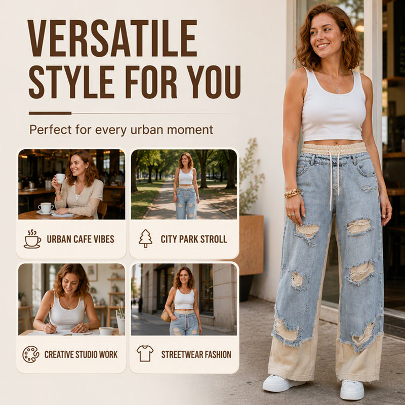 Women's Double-Layer Ripped Wide-Leg Jeans