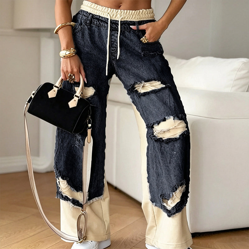 Women's Double-Layer Ripped Wide-Leg Jeans