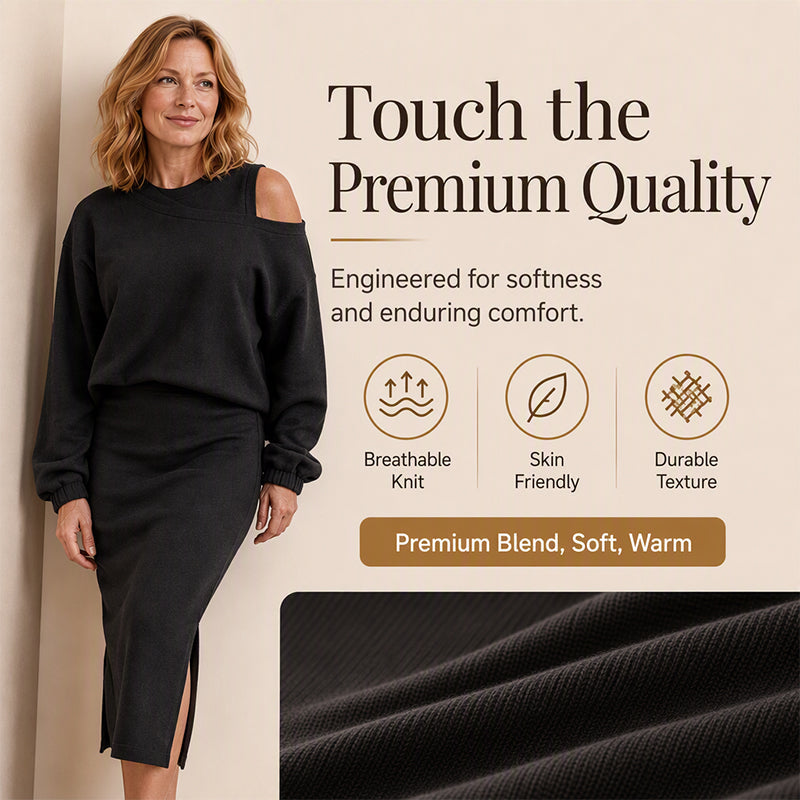 Women's Slanted Shoulder Sweatshirt & Sleeveless Dress Set