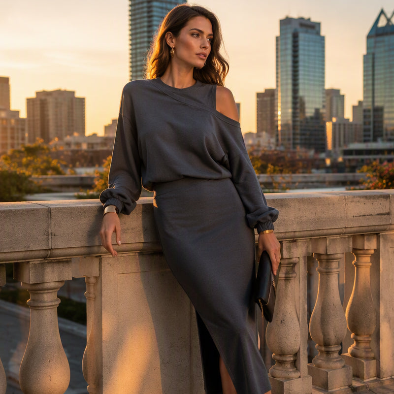 Women's Slanted Shoulder Sweatshirt & Sleeveless Dress Set