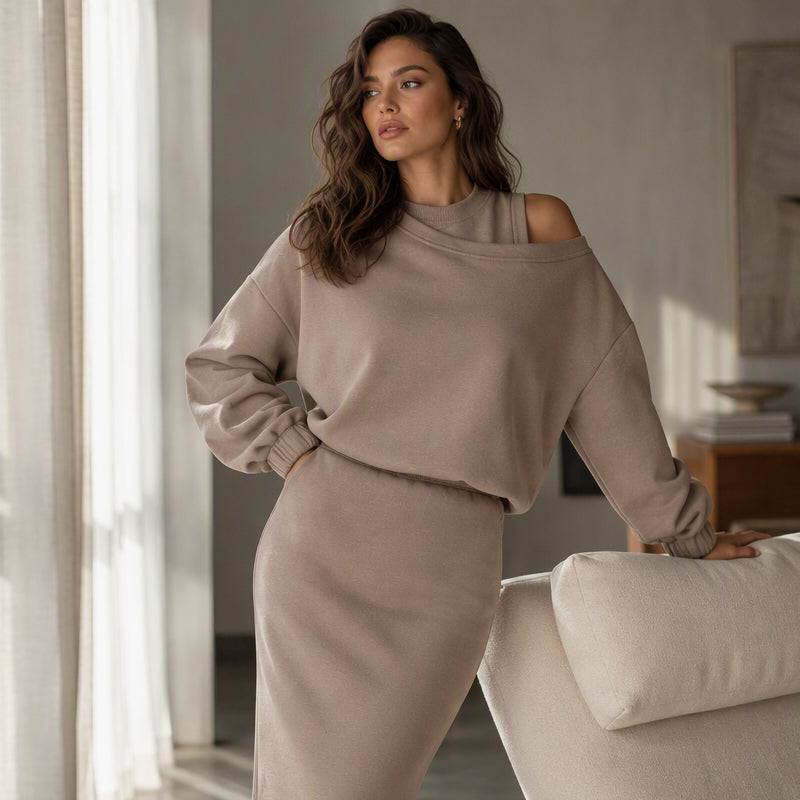 Women's Slanted Shoulder Sweatshirt & Sleeveless Dress Set