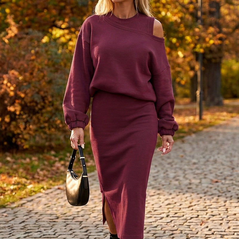 Women's Slanted Shoulder Sweatshirt & Sleeveless Dress Set