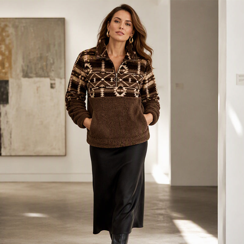 Women's Half-Zip Geometric Pattern Warm Sweatshirt