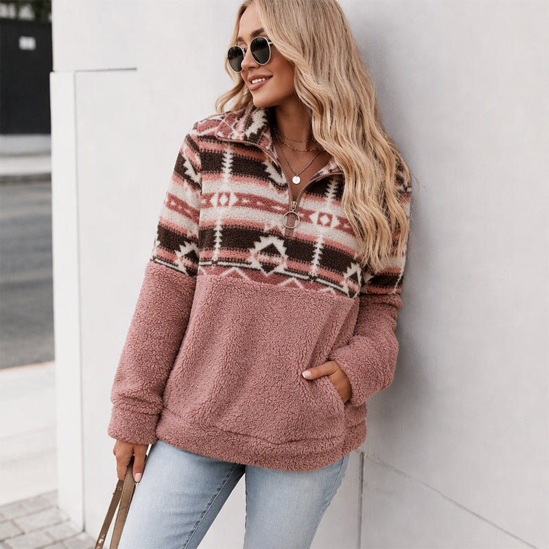 Women's Half-Zip Geometric Pattern Warm Sweatshirt