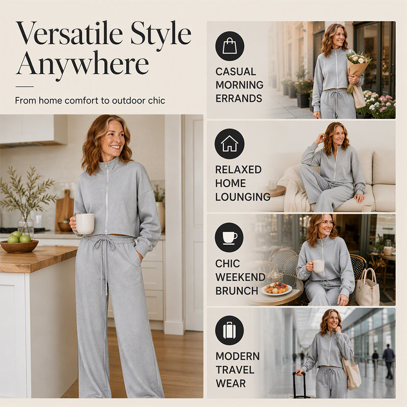 Women's Crop Zipper Top & Wide-Leg Pants Set