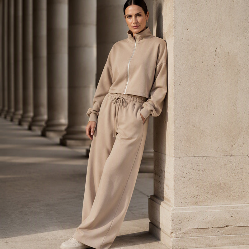 Women's Crop Zipper Top & Wide-Leg Pants Set