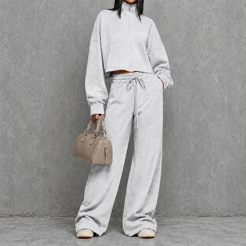 Women's Crop Zipper Top & Wide-Leg Pants Set