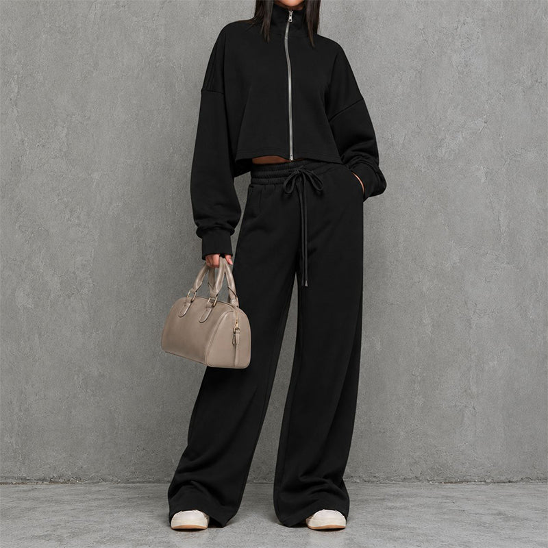 Women's Crop Zipper Top & Wide-Leg Pants Set