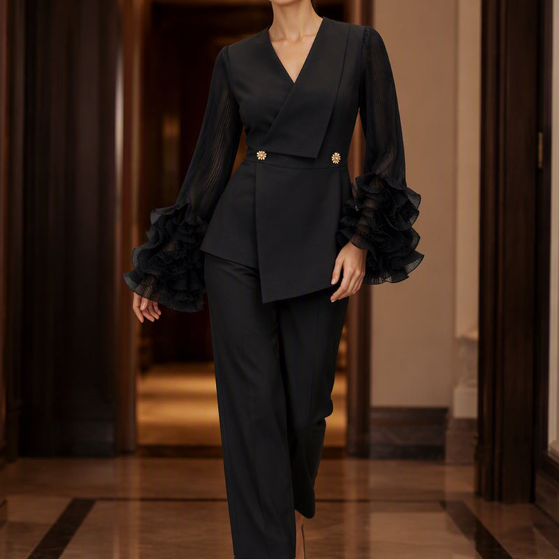 Women's Ruffle Sleeve Blazer & Pants Set