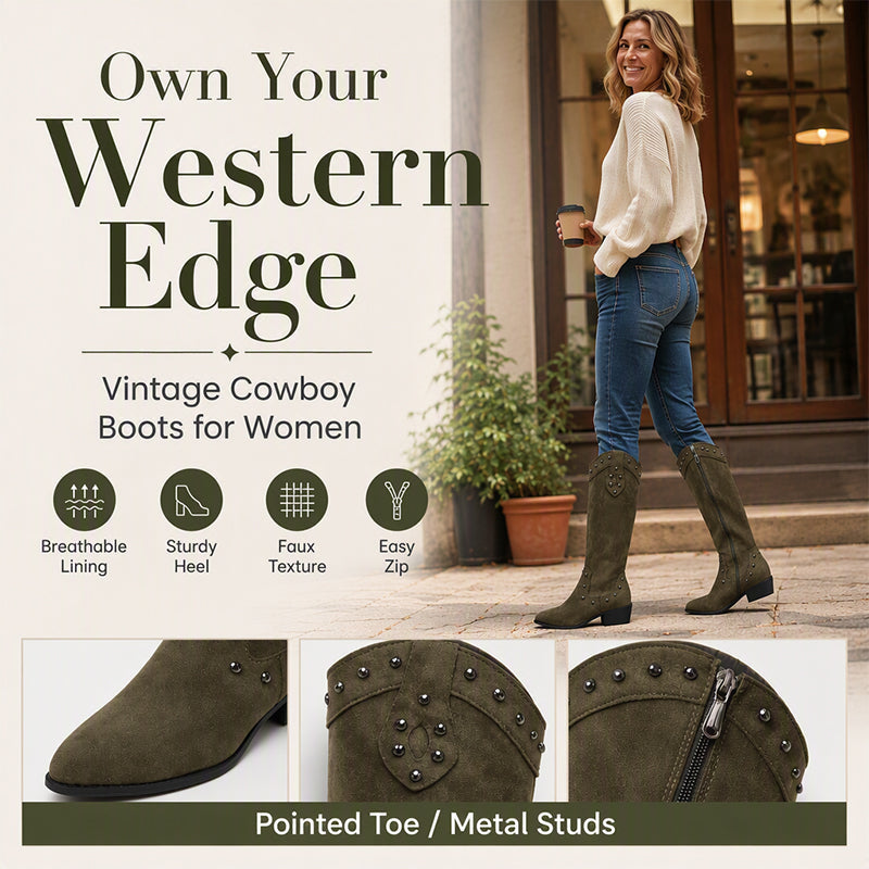 Women's Retro V-Cut Studded Cowboy Boots