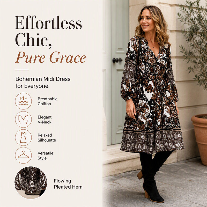 Women's Vintage Boho Print V-Neck Loose Dress
