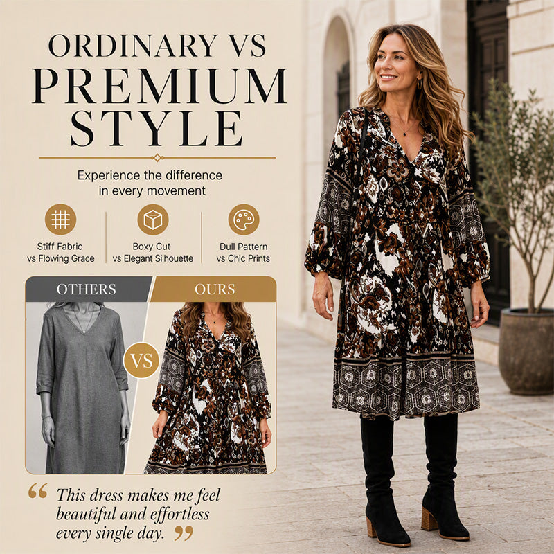 Women's Vintage Boho Print V-Neck Loose Dress