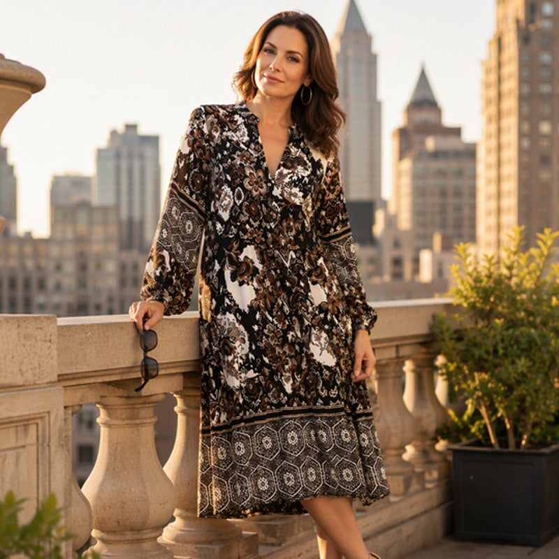 Women's Vintage Boho Print V-Neck Loose Dress