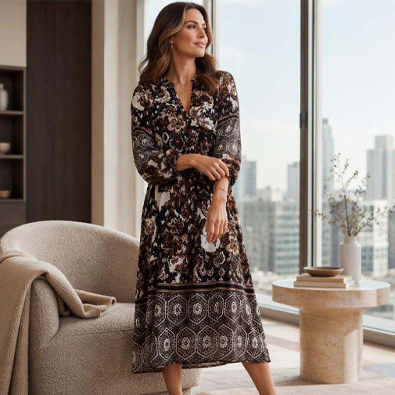 Women's Vintage Boho Print V-Neck Loose Dress