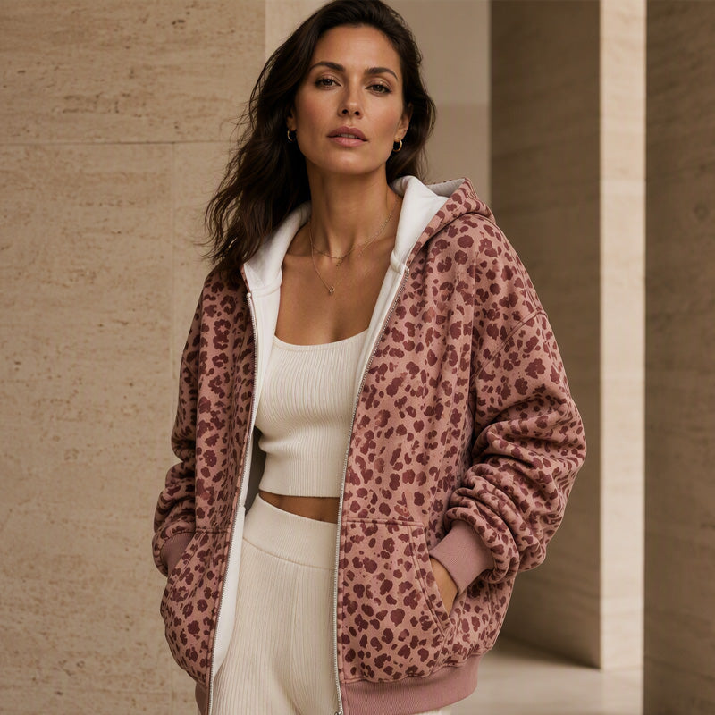 Women's Leopard Print Zip-Up Hoodie