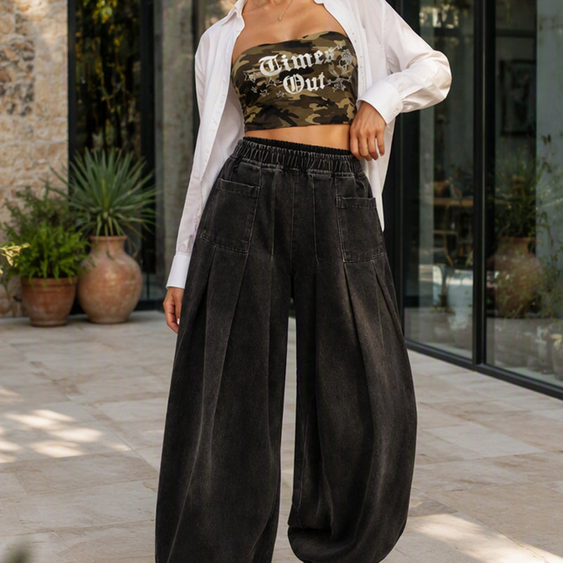 Women's Pleated Wide-Leg Lantern Jeans