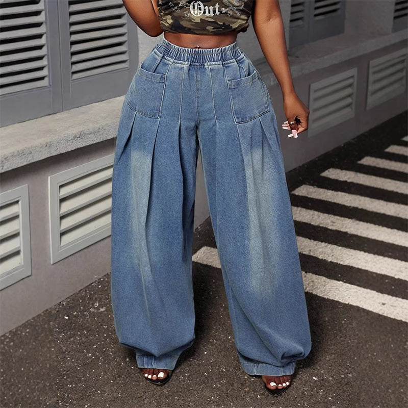 Women's Pleated Wide-Leg Lantern Jeans