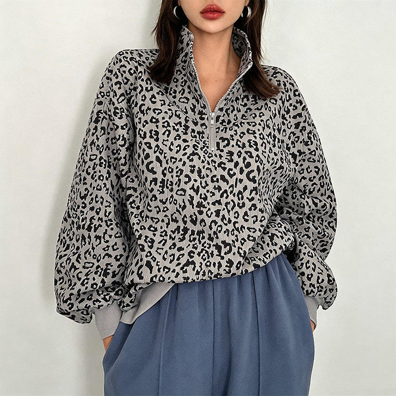 Women's Leopard Print Quarter-Zip Sweatshirt