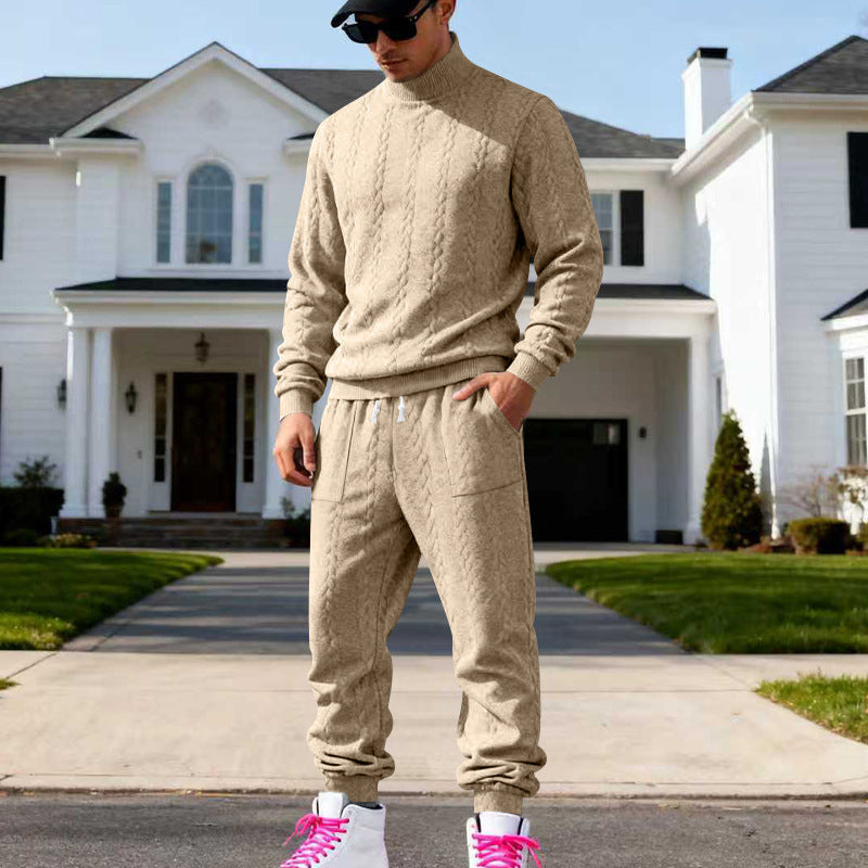 Men's Textured Mock Neck Pullover & Pants Set