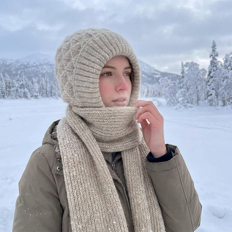 Women's Integrated Plush Knitted Hooded Scarf