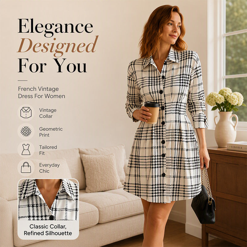 Women's Retro Houndstooth Plaid Shirt Dress