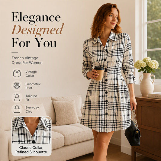 Women's Retro Houndstooth Plaid Shirt Dress