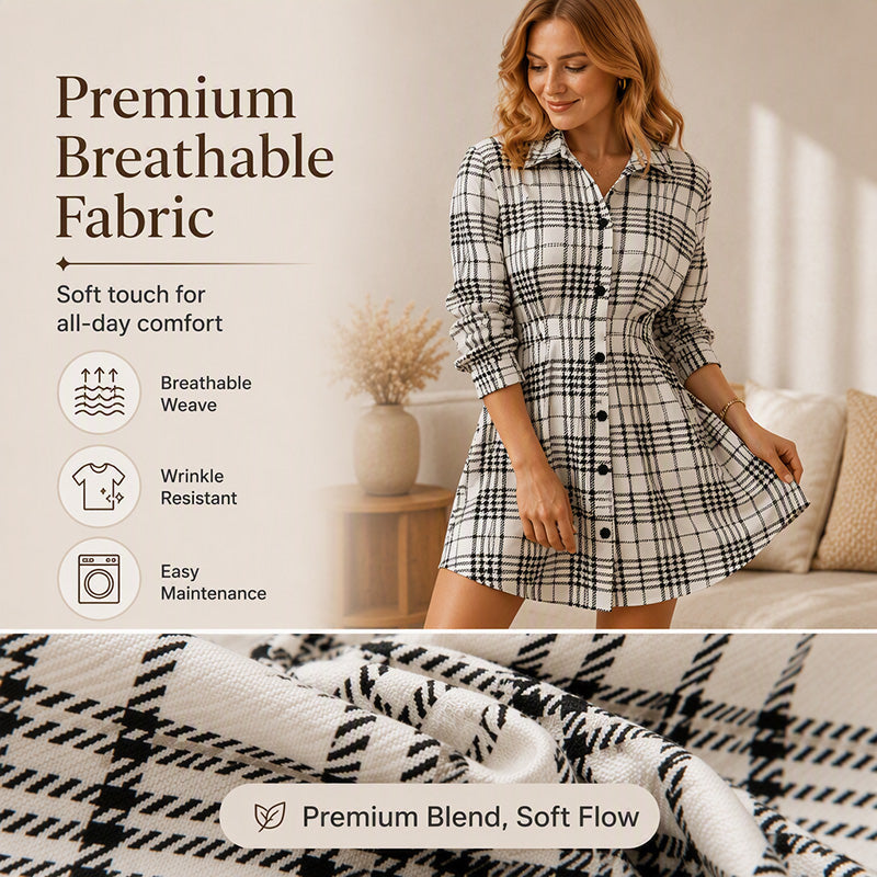 Women's Retro Houndstooth Plaid Shirt Dress