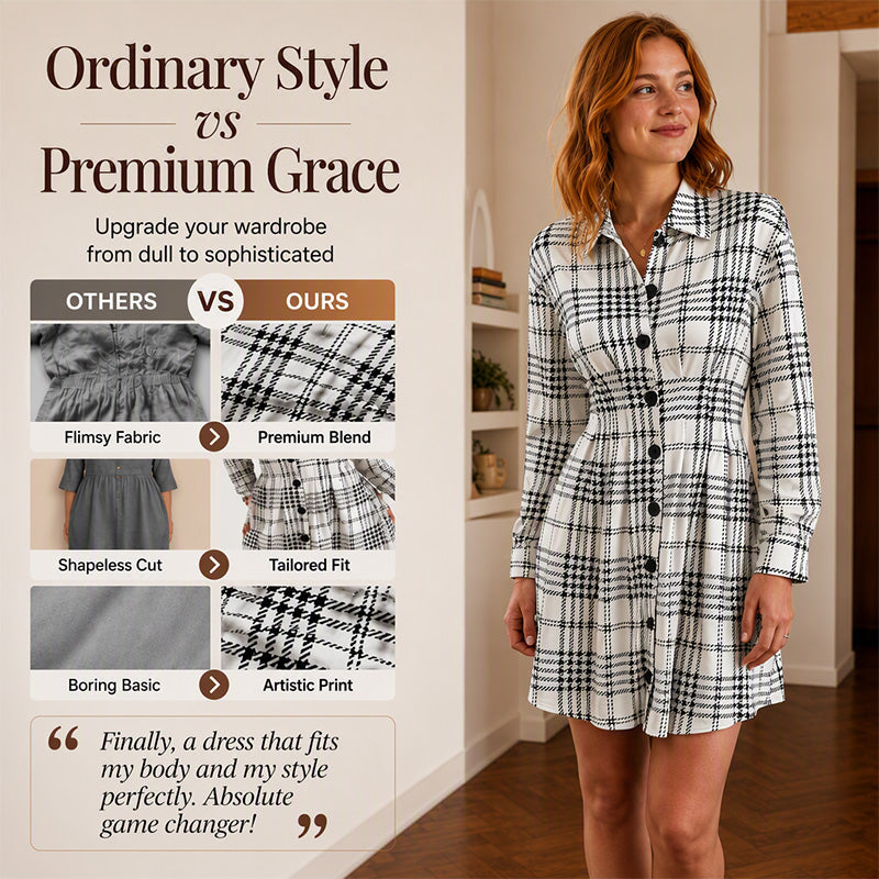 Women's Retro Houndstooth Plaid Shirt Dress