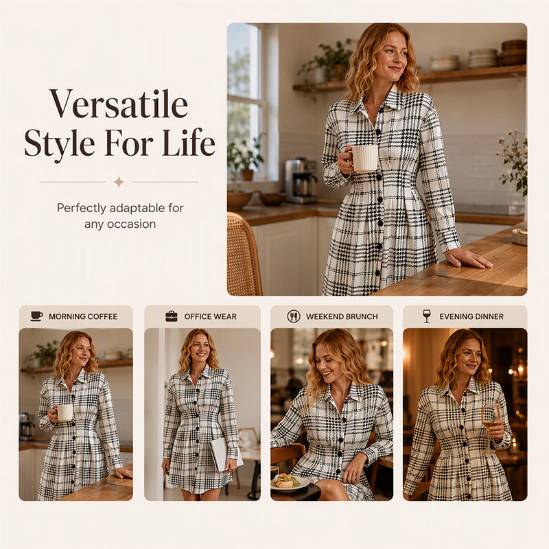 Women's Retro Houndstooth Plaid Shirt Dress