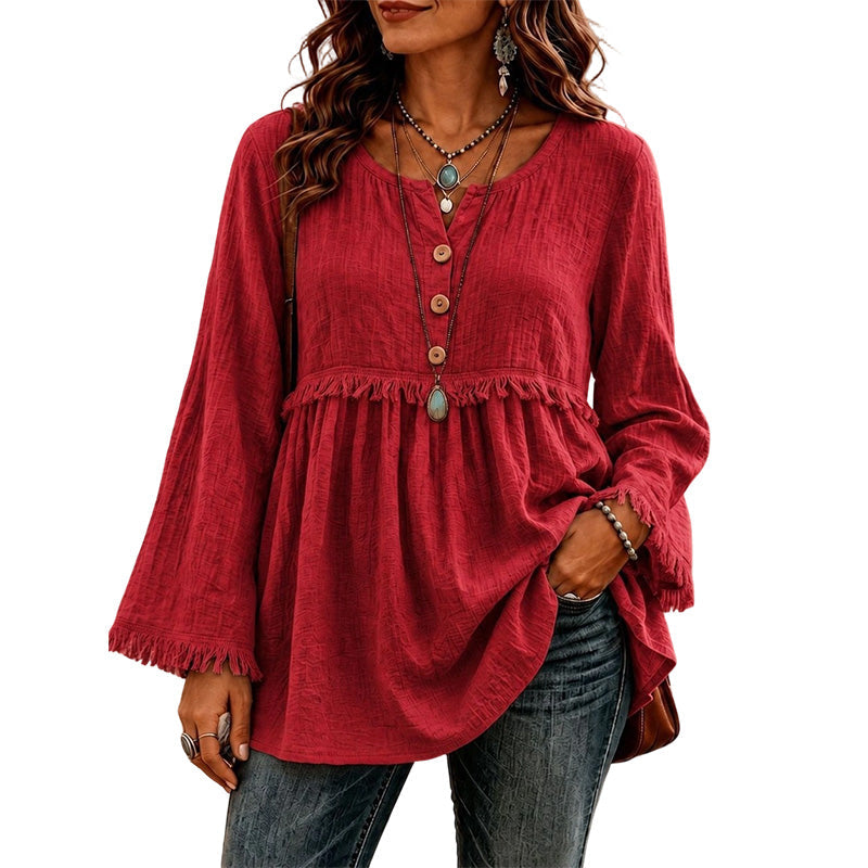 Women's Bohemian Fringe Bell Sleeve Top