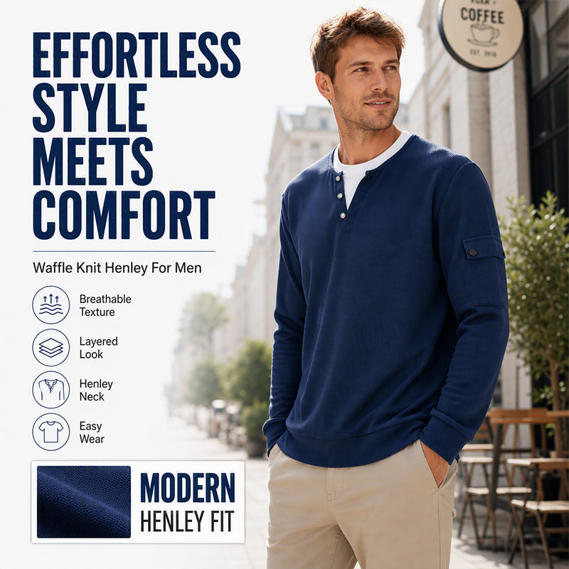 Men's Waffle Knit Fake Two-Piece Henley Top