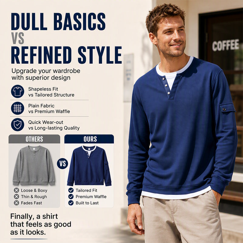 Men's Waffle Knit Fake Two-Piece Henley Top