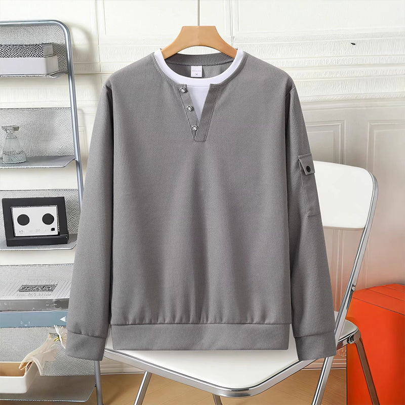 Men's Waffle Knit Fake Two-Piece Henley Top