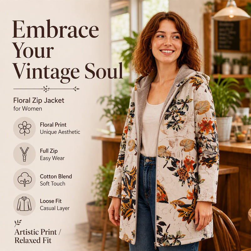Women's Vintage Leaf Print Hooded Coat