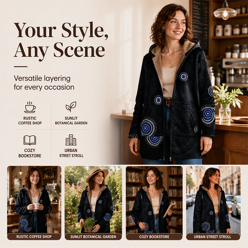 Women's Vintage Leaf Print Hooded Coat