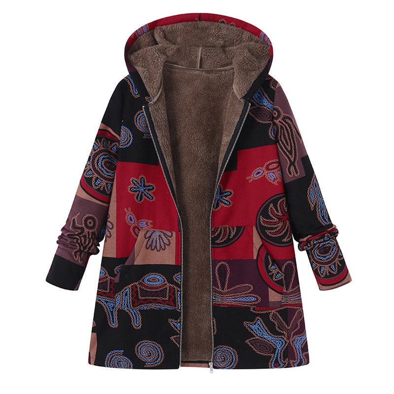 Women's Vintage Leaf Print Hooded Coat