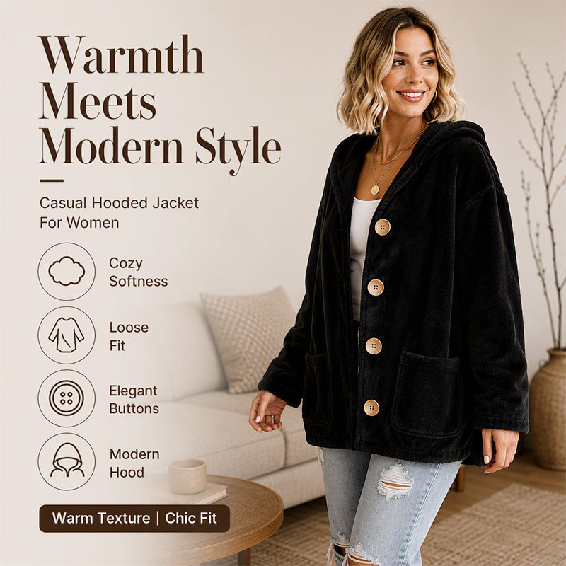 Women's Loose Button-Down Hooded Velvet Jacket