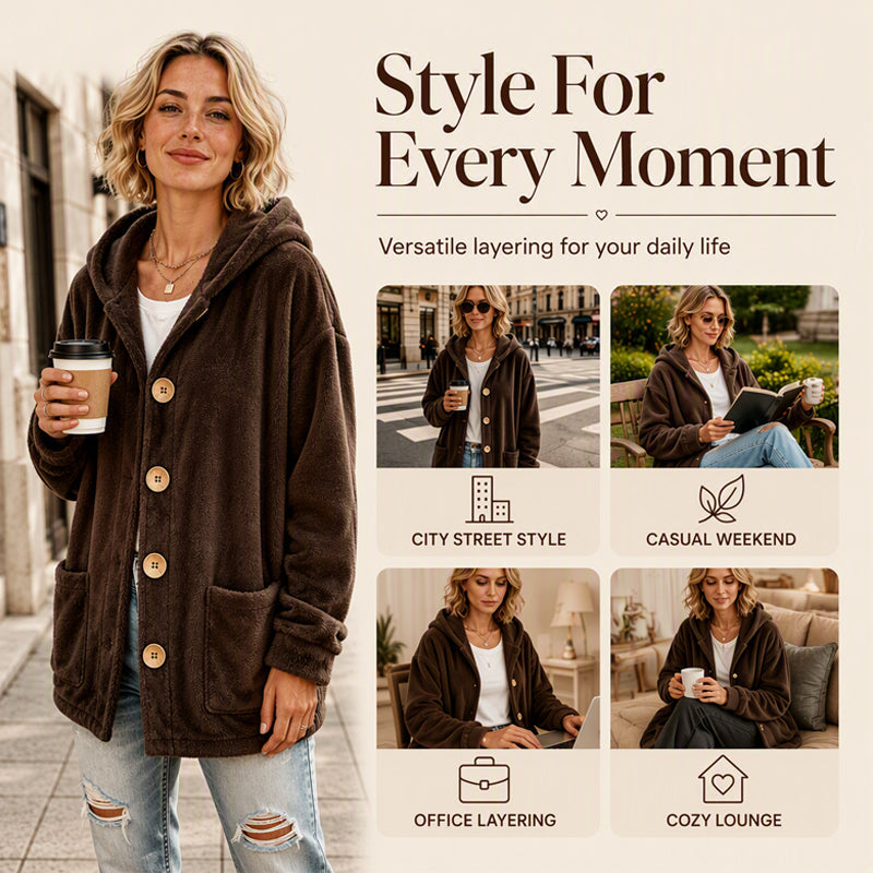 Women's Loose Button-Down Hooded Velvet Jacket