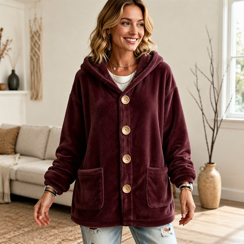 Women's Loose Button-Down Hooded Velvet Jacket