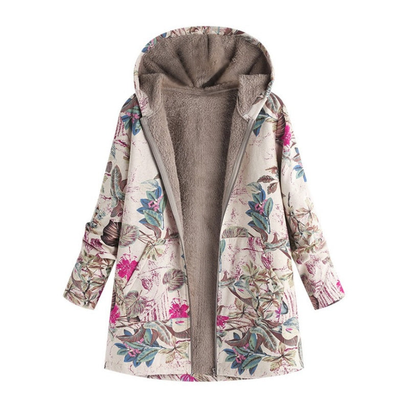 Women's Vintage Leaf Print Hooded Coat