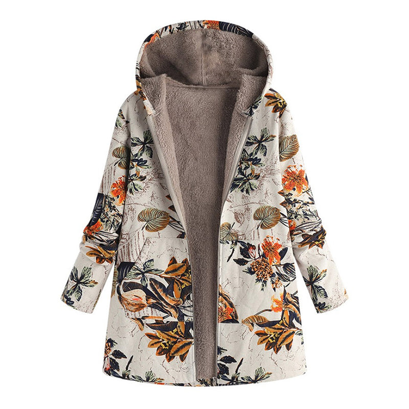 Women's Vintage Leaf Print Hooded Coat