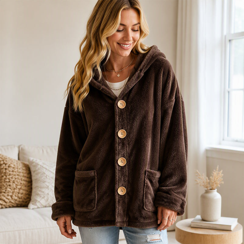 Women's Loose Button-Down Hooded Velvet Jacket