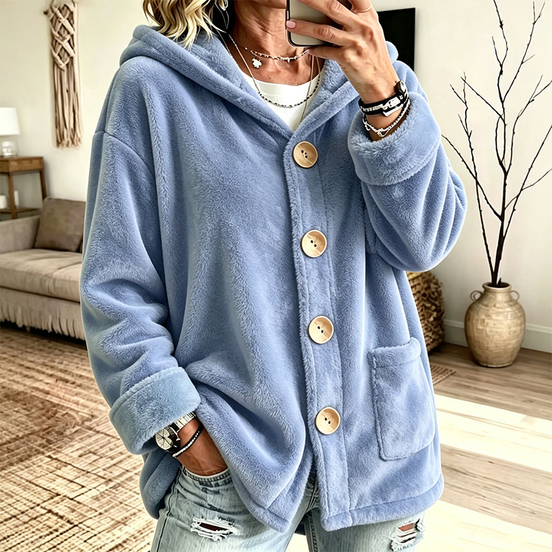 Women's Loose Button-Down Hooded Velvet Jacket