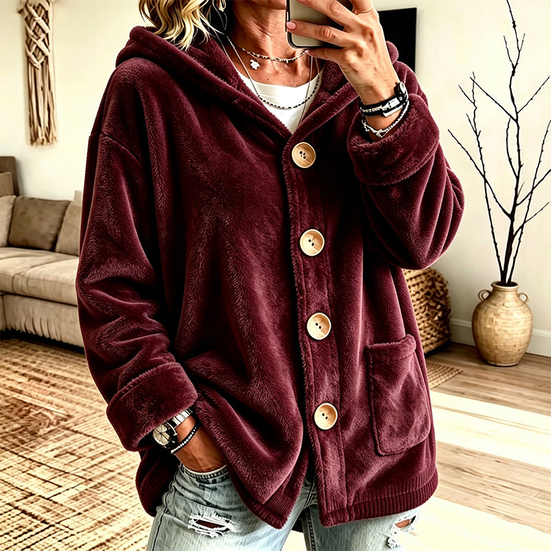 Women's Loose Button-Down Hooded Velvet Jacket