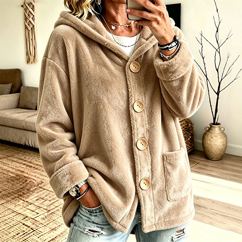 Women's Loose Button-Down Hooded Velvet Jacket